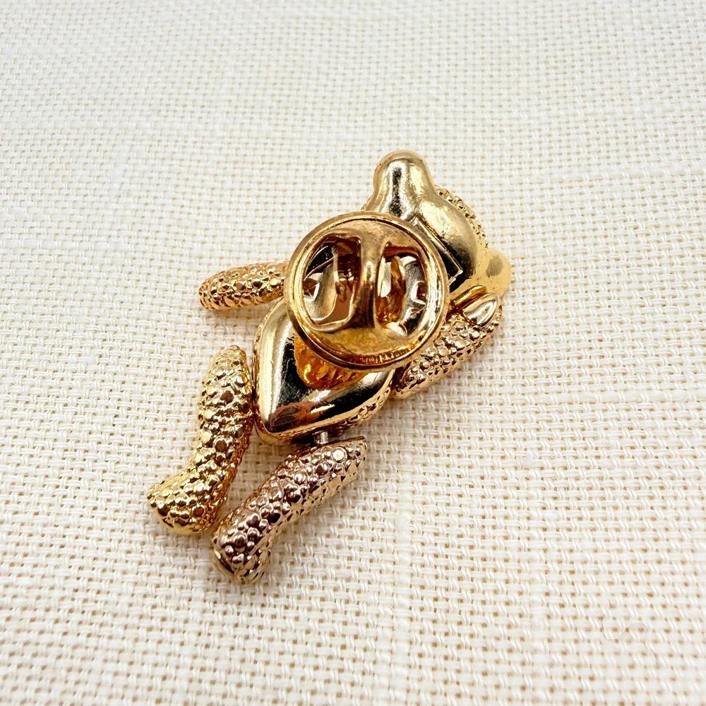 Vintage NAPIER Gold Tone Articulated Teddy Bear Pin Clear Brown Rhinestone Belly